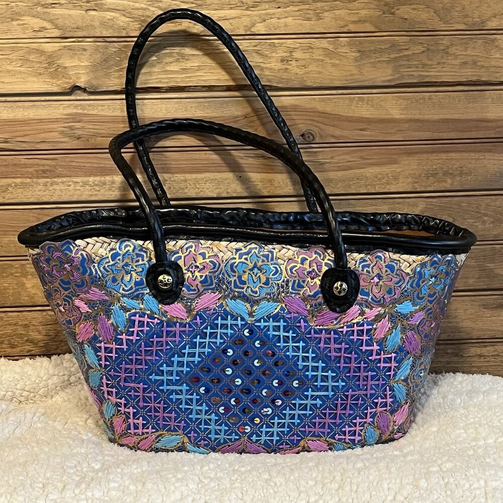 Patricia Nash Triana Straw Women’s Tote Handbag Embroidered Sequined Leather - Picture 15 of 16